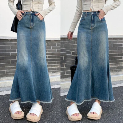 Casual Womens Denim High Waist A-Line Skirts Long Slim Jean Fishtail Skirt Dress - Image 1 of 4