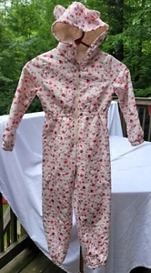 Fleece One-Piece Snowsuit Size 7 Suit Hood W Ears Pink Flowers Lightweight Lined - Picture 1 of 12