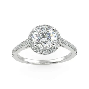 Anillo de compromiso de halo pavimentado de diamantes de oro 14K cultivado en laboratorio redondo 3/4 a 1-7/8 CTW - Imagen 1 de 73
