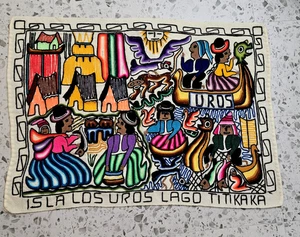 Vintage Peruvian Isla Los Uros Hand Woven Tapestry Art 26 x 36 approx In - Imagen 1 de 18