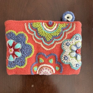 Jenny Krauss Clutch Wolle Zip bestickt Blumen Kosmetiktasche Beutel koralle blau Boho - Bild 1 von 10