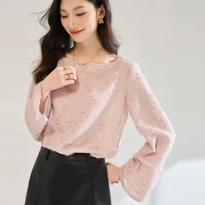 Otoño Nuevo Para Mujer Rosa Dulce Gasa Camisa Flores Borla Un Cuello Top Corto  Foto 1 de 4