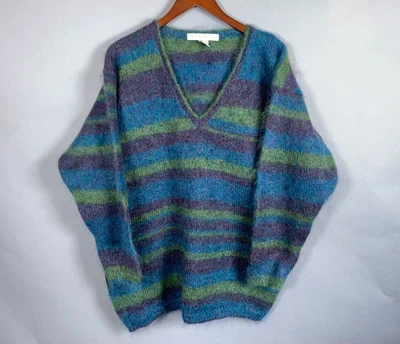 The Limited Mohair Sweater Women's Medium / Large Blue Green Stripe Deep V-Neck - Image 1 of 4