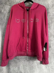 BEBE SPORT Pink Stripes Womens Fuschia Stripe Logo Full Zip Hoodie Size 3XL - Picture 1 of 5