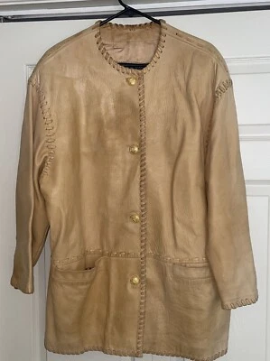 I.MAGNIN La Novelle Renaissance Size L Tan Glove Leather Gold Button Jacket/Coat - Image 1 of 4