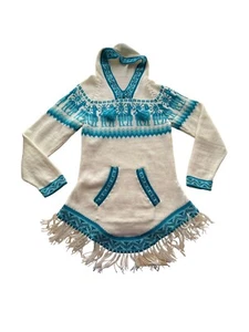 Ecologic Arts Alpaca Girls Large Hooded White W/ Blue Sweater Hoodie Pocket - Picture 1 of 11