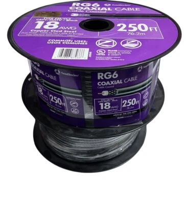 (2-PACK) 250-ft Roll, 18AWG, RG6 Quad Shield Black Coaxial Cable - Image 1 of 4
