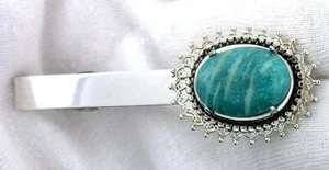 2 3/5 INCH  18x13 OVAL RUSSIAN AMAZONITE GEMSTONE TIE SPRING CLIP TIE BAR EPTT69 - Picture 1 of 2