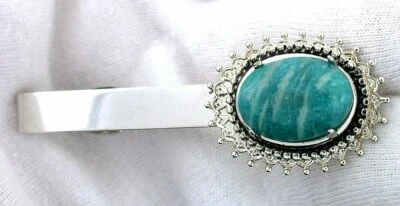 2 3/5 INCH  18x13 OVAL RUSSIAN AMAZONITE GEMSTONE TIE SPRING CLIP TIE BAR EPTT69 - Image 1 of 2