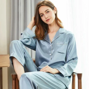 Womens 19mm 100% Mulberry Silk Pajama Set Lounge Pant Nightshirt Tracksuit set - Picture 1 of 21