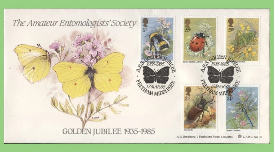 G.B. 1985 Insects set Bradbury First Day Cover, AES Golden Jubilee, Feltham - Image 1 of 1