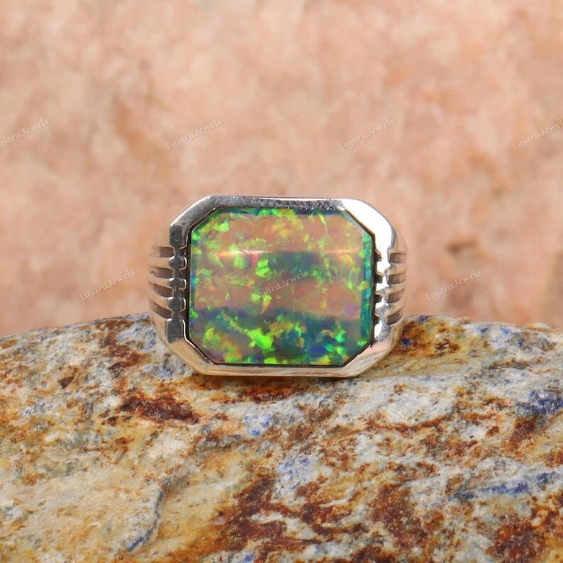 Anillo de ópalo de fuego arco iris de plata de ley 925 anillo para hombre anillo de sello para hombre regalos Foto 1 de 4