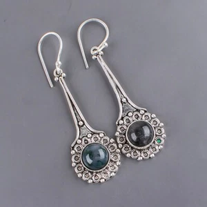 Moss Agate Gemstone Drop Dangle Earrings 925 Sterling Silver Handmade Jewelry - Picture 1 of 5
