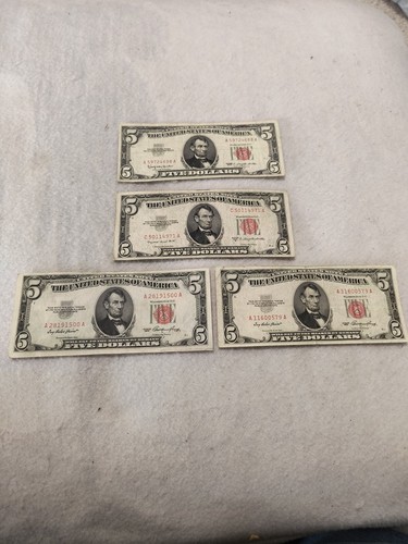 Red Seal 5 Dollar Bills Real Three Dated 1953 Other.1963 Very Cool.