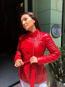 Womens Red Leather Jacket Pure Lambskin Moto Biker Size S M L XL XXL Custom -161 - Picture 1 of 11