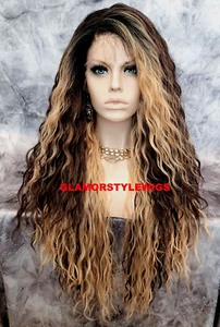 36'' FREE PART LACE FRONT WIG LONG OMBRE BROWN CARAMEL BLONDE MIX HEAT OK NWT - Picture 1 of 6
