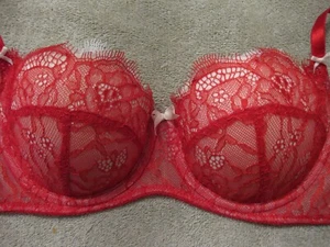 B.TEMPT'D 34B RED LACE ON WHITE LIGHTLY PADDED BRA W/WHITE LACE TRIM, UNDERWIRE - Picture 1 of 5