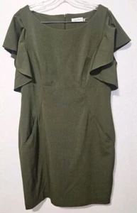 Abito Calvin Klein donna 14 verde muschio tubino volant manica corta carriera elegante - Foto 1 di 6