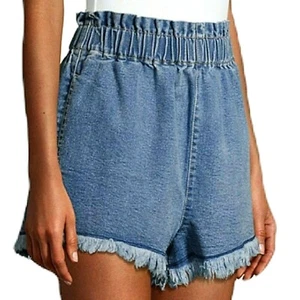 Material Niña Pantalones Cortos Juniors XL Fray Dobladillo Crudo Azul Denim Cintura Elástica Bolsillo - Imagen 1 de 12