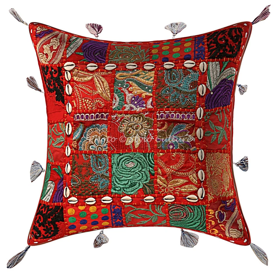Decorative Cotton Couch Throw Pillows Covers Red 17x17 Patchwork Cushion Cover - Image 1 of 3