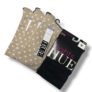 Hue Ultrasmooth Chino Dot Sock One Size 3 Pair With Size 1 Opaque Black Tight - Picture 1 of 2