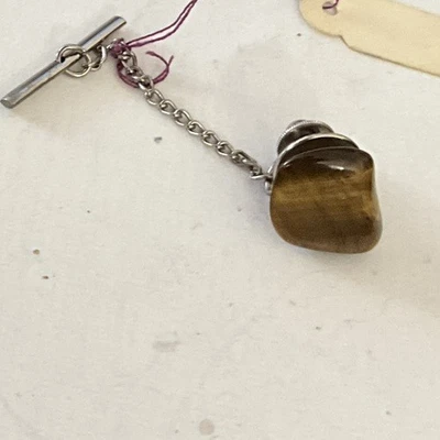 Silver Tone Agate Stone Tie Tac Small Lapel Pin w/Chain Classy Vintage Free Ship - Image 1 of 3