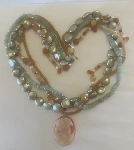 "Collar vintage de 4 hilos con broche y cuentas de 14 k con perlas para monedas, cristales y camafeo 20""" - Imagen 1 de 9