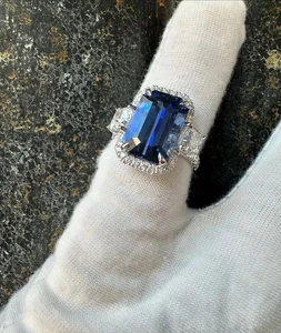 6.11 Ct Emerald Cut Natural Blue Sapphire Diamond Wedding Ring 14K White Gold - Picture 1 of 5