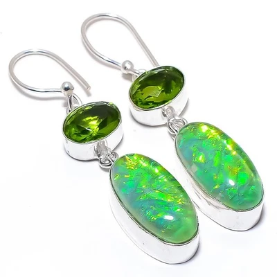 Triplet Feueropal, Peridot Edelstein 925 Sterling Silber Schmuck Ohrringe 2,1" - Bild 1 von 4