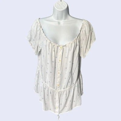 Top Campesino Abercrombie & Fitch L Blanco Azul Hombro Descubierto Botón Peplum Foto 1 de 4