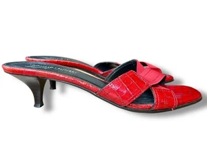 Donald J Pliner Croc Embossed Leather Sandals sz 10 red blac kitten heel slide - Picture 1 of 6