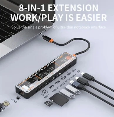 USB-C Hub (8-in-1) 100W PD3.0 Charge, 4K 60Hz 2K 144Hz HDMI 2.0, 3 x 5Gbps TF SD - Image 1 of 4