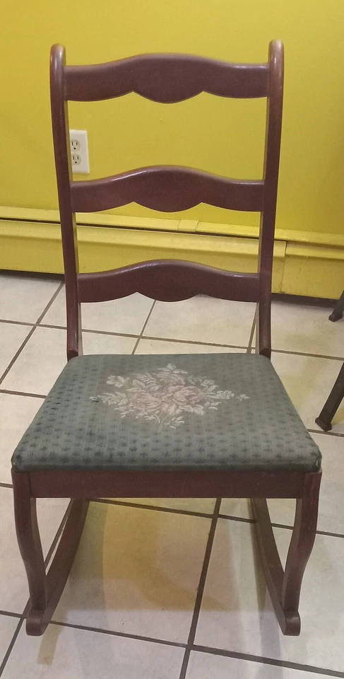 Vintage Nursery/Sewing Rocking Chair Original  Needpoint Rose Embroidered Seat. - Image 1 of 4