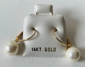 Solid 14k Yellow Gold 8.0-8.5mm White Simulated Shell Pearl Leverback Earrings - Picture 1 of 3
