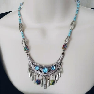 Vtg HOPE Dangling BIB Blue Glass Inspirational Statement NECKLACE Silvertone 18" - Picture 1 of 9
