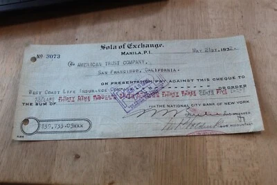 MANILA, P.I. BRANCH NATIONAL CITY BANK OF NEW YORK CHECK 1932 W/ TAX STAMPS - Image 1 of 2