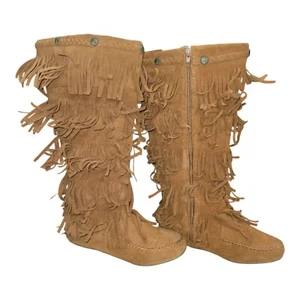 Shoes of Soul Womens 5 Layer Fringed Boots Knee High Moccasin- Tan/brown, Size 8 - Picture 1 of 11