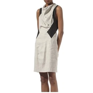 HELMUT LANG Designer Linen Leather Sheath Stylish Mini Dress Size 6 - Picture 1 of 4