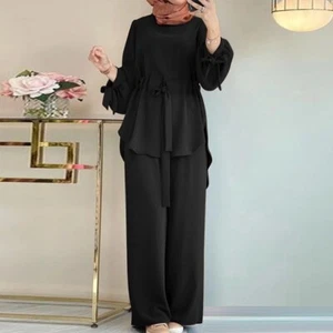 Women Islamic Muslim Casual Kaftan Abaya Arab Dress Belted Tops Pants 2PCS Sets - Picture 1 of 23