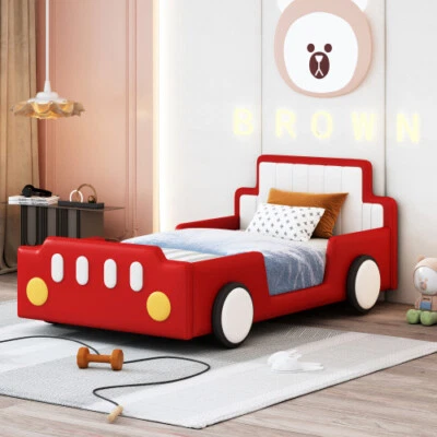 Cama con plataforma en forma de coche con ruedas marco de cama tamaño doble juego de cama de piso para niños dormitorio Foto 1 de 4