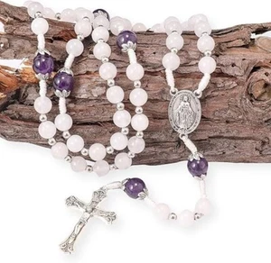 Collar Rosario Cuentas Jade Blanco Amatista Púrpura Cuentas Misteriosas Medalla Milagrosa - Imagen 1 de 6