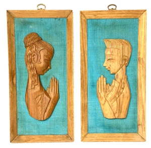 VINTAGE THAILAND HAND CARVED WOOD MAN&WOMAN SET,WALL HANG,TEAL,DECOR,PROP,GIFT:) - Picture 1 of 6