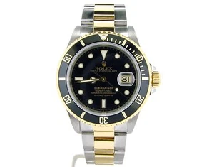 Mens Rolex Submariner Date 2tone 18K Yellow Gold Stainless Steel Watch Black Sub - Picture 1 of 5