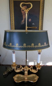 French Empire Style Gilt Brass Swans Bouillotte LAMP Adjustable Tole Metal Shade - Picture 1 of 12
