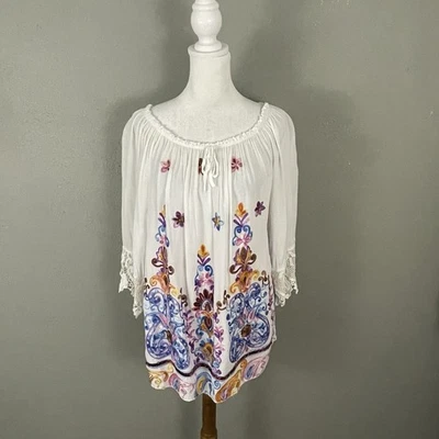 Blusa Tempo Paris Bordada Talla S Blanca Crochet Escote Elástico Top DEFECTUOSA Foto 1 de 4