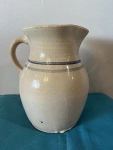 Antique Pottery Pitcher Beige Blue Vintage Crock Stoneware Marshall? 9” - Picture 1 of 14