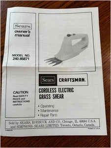 Sears Craftsman Cordless Electric Grass Shear Manual 240.85871 1976 - Picture 1 of 7