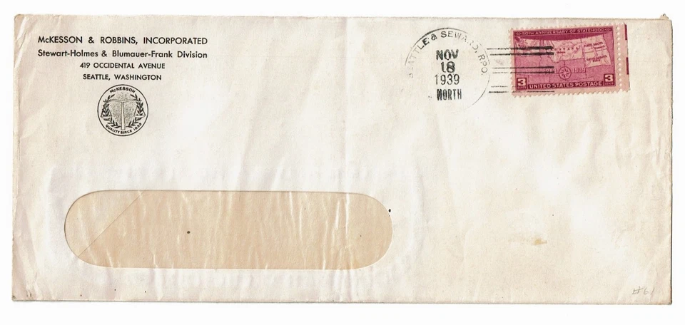 1939  U.S. Comm 3c Vio 4 STATEHOOD ON COVER  Sc#858 Seattle WA McKesson Robbins - Image 1 of 1