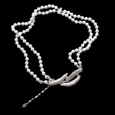 2 Rows White Sea Shell Pearl Choker Necklace Cz Pave Pendant Necklaces - Image 1 of 4