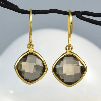 Серьги-крючки граненые дымчатый кварц драгоценные камни и золото вермей на стерлинговом серебре 2,62 г - Изображение 1 из 4